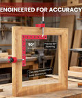 Four Pack 5.5 Inch Aluminum Right Angle Clamps for Woodworking with Spreader Positioning Squares and 6 Sided Scales in use on frame