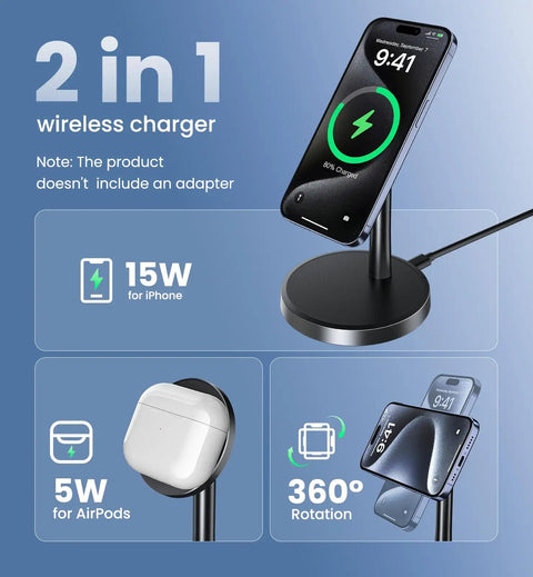 Two Pack Magnetic Wireless Charger Stand For iPhone MagSafe 15W Fast Charge Dock For iPhone 17 Series 16 15 14 13 12 And AirPods Dual Charging Station For Home Office Desk Black Ideal For Bedside Table Or Travel