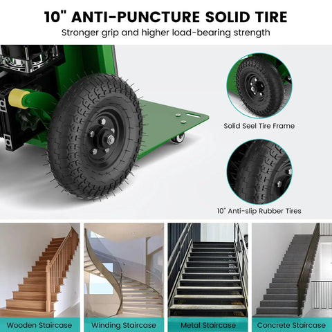 10" Anti-Puncture Solid Tire on Electric Stair Climbing Dolly With 1200W Motor, designed for various staircase types.