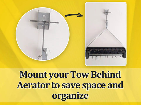 Tow Behind Wall Mount Bracket Kit for Lawn Care Attachments holding tow-behind aerator on garage wall, space-saving organizer