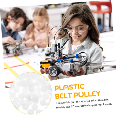 Girl in classroom holding RC car with Mini Plastic Pulley Kit For Motors And Models, 200 Pcs Belt Pulleys With 2mm Hole