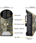 Heavy Hitter Solar Game Feeder Lights With Vibrant Green Motion Detection For Night Hunting And Feeding Deer Hogs Predators Coyotes And Varmints In A Smooth Two Pack Field Ready Kit side view with dimensions and features marked.
