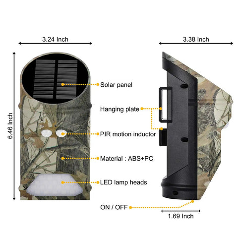 Heavy Hitter Solar Game Feeder Lights With Vibrant Green Motion Detection For Night Hunting And Feeding Deer Hogs Predators Coyotes And Varmints In A Smooth Two Pack Field Ready Kit side view with dimensions and features marked.