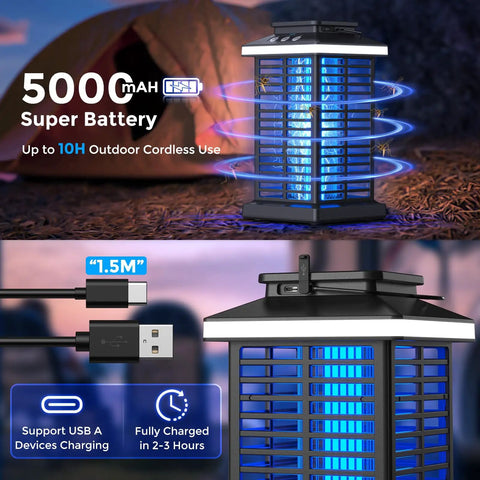 2 In 1 Bug Zapper With LED Night Light No Fuss Outdoor Mosquito Killer Portable Rechargeable 5000mAh Battery 4000V Electric Fly Zapper For Patio Backyard Garden Camping And Outdoor Fun showing USB charging port and battery details.