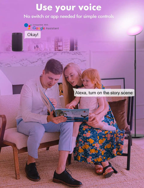 Family using Smart RGB LED Floor Lamp With Alexa Google Home Control in living room, illuminating with warm light.