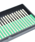 Close-up of 60 Piece Diamond Drill Bit Set For Jewelry Making And Lapidary, 1mm 2mm And 3mm Mix With One Eighth Inch Shanks in black tray