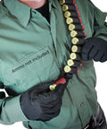 Person wearing Bandolier Ammo Sling For Shotgun Shells 12 16 20 Gauge Holds 45 Rounds Belt Black Durable Nonslip Elastic Loops