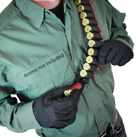 Person wearing Bandolier Ammo Sling For Shotgun Shells 12 16 20 Gauge Holds 45 Rounds Belt Black Durable Nonslip Elastic Loops