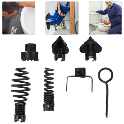 7pc Steel Drain Auger Kit Rips Gnarly Sink Clogs Black Snake Tool parts view showing various heads and springs for drain cleaning.