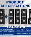 5-Piece 1/2 Inch Drive Impact Socket Set With 3 Inch Extension Bar, Cr-Mo Steel Lug Nut And Wheel Sockets, Includes 4 Flip Sockets Covering 6 Metric And SAE Sizes For Tough Auto Work product specifications image