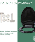 Soft Close Elongated Toilet Seat In Black With Quiet Close Lid, Contoured Comfort, Easy Install, Grip-Tight Bumpers, Adjustable Hardware