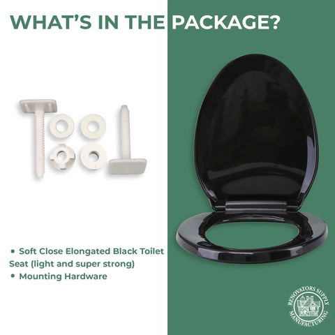 Soft Close Elongated Toilet Seat In Black With Quiet Close Lid, Contoured Comfort, Easy Install, Grip-Tight Bumpers, Adjustable Hardware