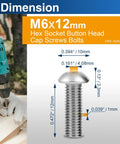 M6 x 12 Hex Socket Button Head Cap Screws with dimensions for auto repairs, 304 stainless steel, durable fasteners.