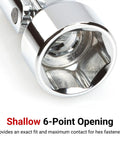 Close-up of 3/8-Inch Drive 6-Point Universal Joint Socket Set With Rail, 10-Piece (10-19 mm) shallow socket with hex opening, ideal for tight spots.