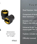 Batman Officially Licensed Tire Valve Stem Caps 4 Pack with Black Knurl Aluminum Construction; universal fitting diagram.