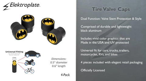 Batman Officially Licensed Tire Valve Stem Caps 4 Pack with Black Knurl Aluminum Construction; universal fitting diagram.