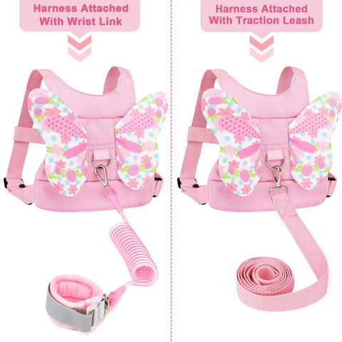 Light pink 3 In 1 Toddler Harness Leash Set with butterfly wings and anti-lost wrist link and leash options shown separately.