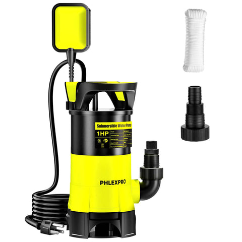 Beast Submersible Water Pump 1HP 5300GPH High Flow Transfer Pump with Automatic Float Switch, shown with accessories