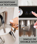 Espresso Machine With Auto Tamper Auto Cleaning Milk Frother And Built In Grinder For At Home Barista Grade Cappuccinos Lattes And Macchiatos With Nine Bar Pressure Extraction And Cafe Quality Crema In Sleek Stainless Steel showing milk frothing and shot selection.
