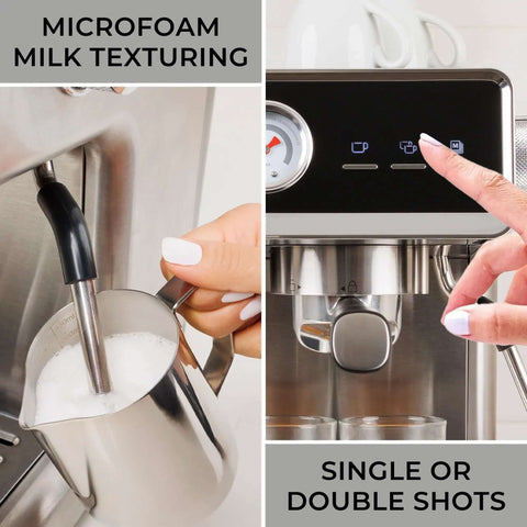 Espresso Machine With Auto Tamper Auto Cleaning Milk Frother And Built In Grinder For At Home Barista Grade Cappuccinos Lattes And Macchiatos With Nine Bar Pressure Extraction And Cafe Quality Crema In Sleek Stainless Steel showing milk frothing and shot selection.