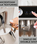 Automatic Espresso Machine With Built In Grinder And Auto Tamper For Barista Grade Morning Sips Features Nine Bar Pressure showing microfoam milk texturing and single or double shot options.