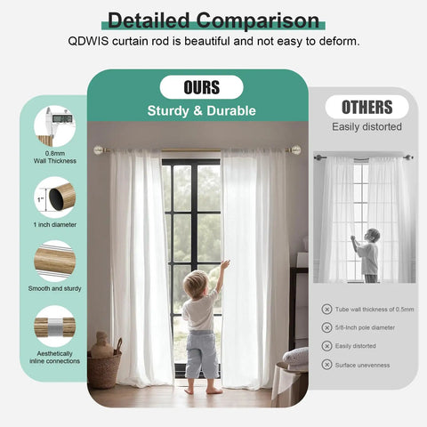 Comparison of Boho Wood Curtain Rods Set For Windows 48 To 84 Inches One Inch Adjustable showing durability and design benefits