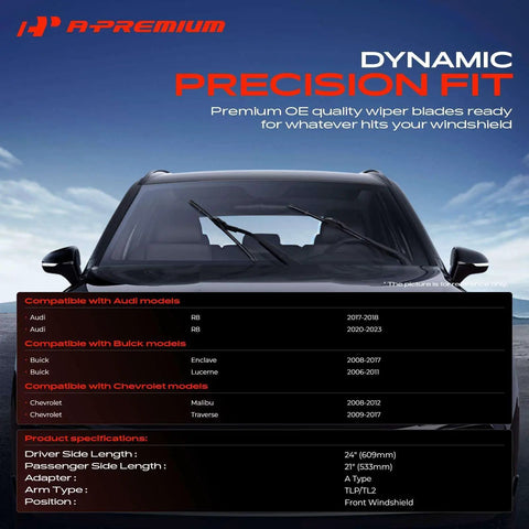 Heavy Duty 24 And 21 Inch Windshield Wiper Blades With Slick All Season Beam Design And Built In Wear Indicator For Buttery Smooth Glides And Zero Stress Swap Upgrade Your Rig Now on a vehicle's windshield.