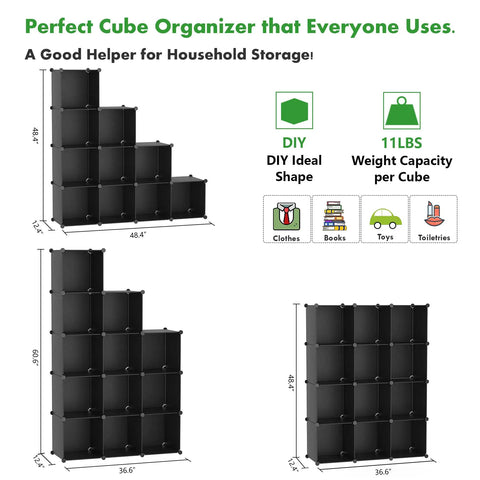 12 Cube Storage Organizer Shelving Unit With DIY Plastic Modular Book Shelf Cubby Cabinet For Bedroom Living Room And Home Office In Black 36.6 Long 12.4 Wide 48.4 High, black modular cubes