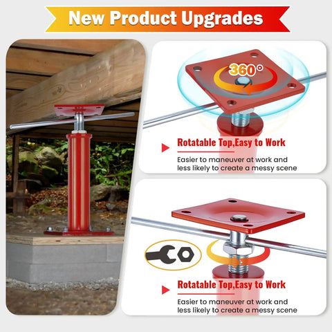 Beefy 4 Pack Adjustable House Jacks For Leveling 11 To 16 Inch Height Range 8820 Lbs Capacity Per Jack Galvanized Telescoping Support Jacks For Crawlspace And Basement, showcasing upgraded rotatable top and installation under floor beam.