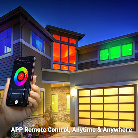 Smartphone controlling Ultra Thin 6 Inch Recessed LED Lights 6 Pack RGBCW With Junction Box 13W 1100 Lumens in a house exterior.