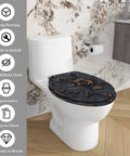 Elongated Resin Toilet Seat for Bathroom with floral design, installed on a toilet, easy to clean and ergonomic.