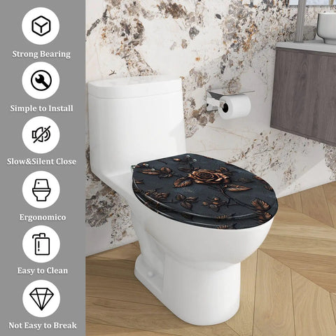 Elongated Resin Toilet Seat for Bathroom with floral design, installed on a toilet, easy to clean and ergonomic.