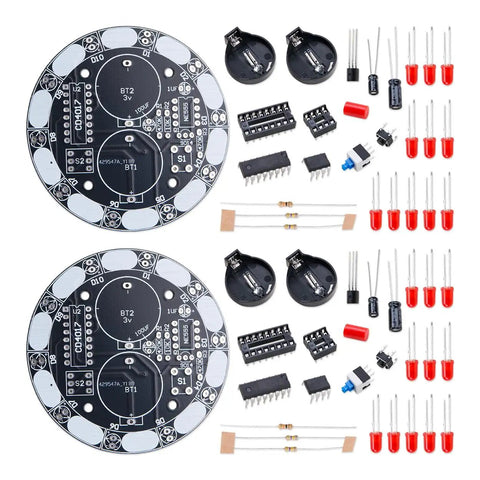 Two Pack NE555 Electronics Kit For Soldering Practice And LED Prize Wheel Project, showing components including boards and LEDs