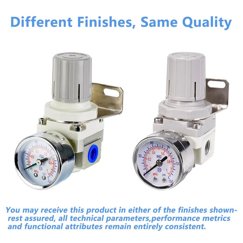 Front view of two EcuoPix air pressure regulators with 1/4-in ports, 0–150 psi gauges, and mounting brackets.