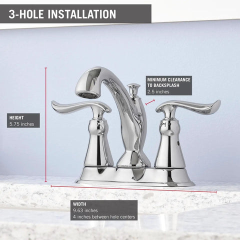 Linden Centerset Chrome Bathroom Faucet With Diamond Seal Technology And Metal Drain, dimensions labeled