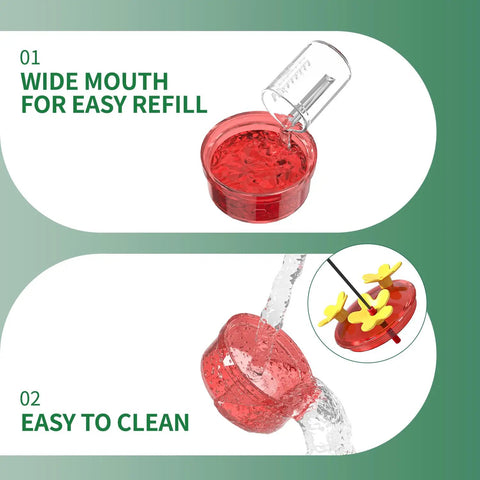 Wide mouth two 2-ounce reservoirs for easy refill and cleaning, part of Window Hummingbird Feeder With Strong Suction Cups