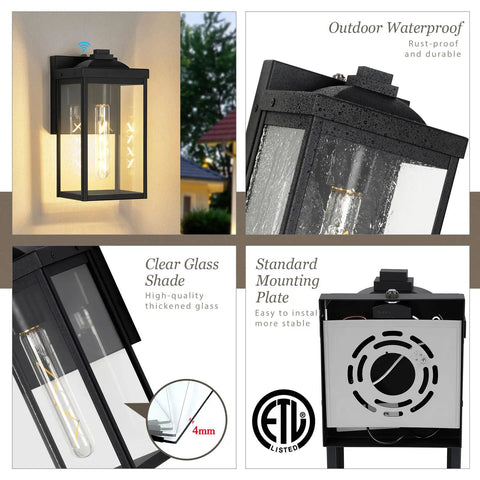 Two Pack Black Outdoor Wall Lights Waterproof Exterior Fixtures With Seeded Glass Modern Square Patio Porch Wall Mount Lamps For Porch House And Garage
