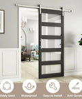 Built Like A Tank 36 By 84 Inch Glass Barn Door With Frosted Tempered Panes In Deep Black Hue With Nickel Rail System.