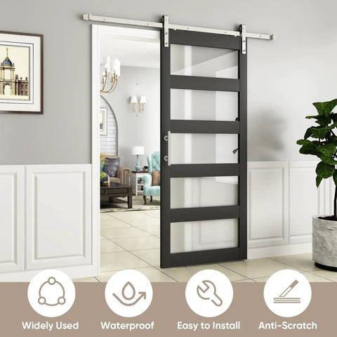 Built Like A Tank 36 By 84 Inch Glass Barn Door With Frosted Tempered Panes In Deep Black Hue With Nickel Rail System.