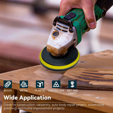 Person using Five Inch Angle Grinder Sanding Disc Kit With Hook And Loop Backing Pad on wood surface for DIY project