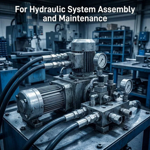 Hydraulic hose fittings and steel connectors on a metal hydraulic pump in a workshop