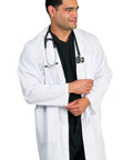 Man wearing Unisex Pro Grade 39 Inch Long Sleeve Lab Coat Snow White With Three Front Pockets Durable Poly Cotton Blend for Medical and Lab Work 5X