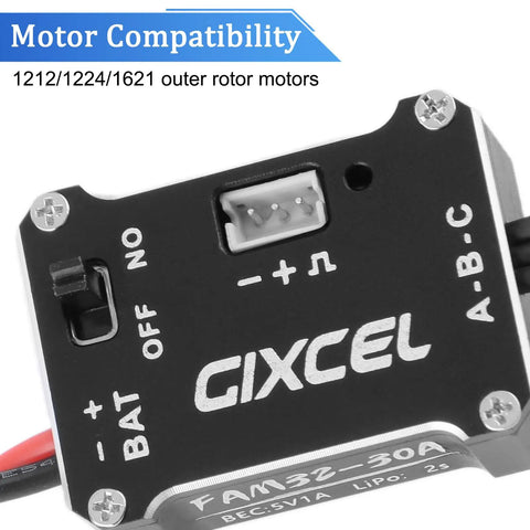 30A Brushless Mini ESC for 1/18 and 1/24 RC crawlers, top view showing connections and GIXCEL branding