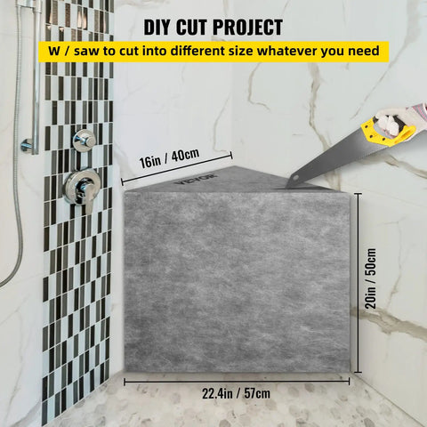 DIY cut Ready To Tile Tile Shower Seat Corner Bench Waterproof Leak Proof Tileable Rock-Solid EPS Construction, Grey 22.4x16x20"