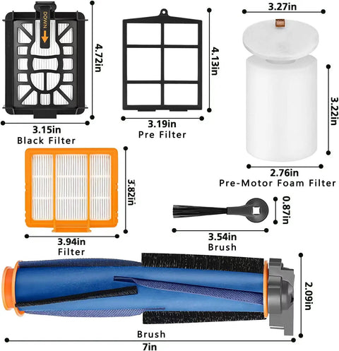 Replacement Parts Kit For Robotic Vacuum Cleaner Compatible With AV2501AE RV2502AE showing sizes of filters and brushes