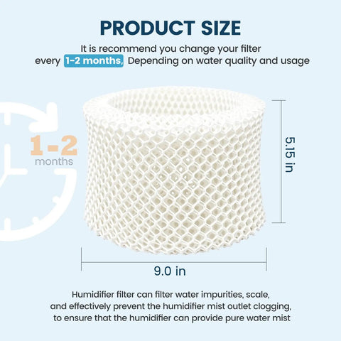 Diagram showing 9x5.1 inch humidifier wick filter with text recommending replacement every 1-2 months