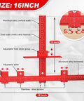 Adjustable Cabinet Hardware Jig For Precise Handle Installation Drill Guide Pro Grade with Automatic Center Punch, red aluminum, 16-inch size