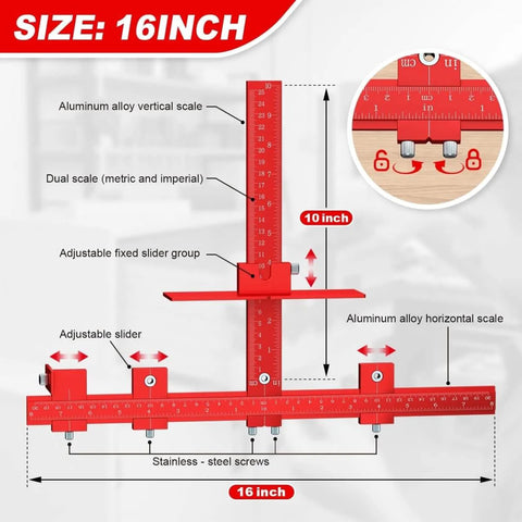 Adjustable Cabinet Hardware Jig For Precise Handle Installation Drill Guide Pro Grade with Automatic Center Punch, red aluminum, 16-inch size