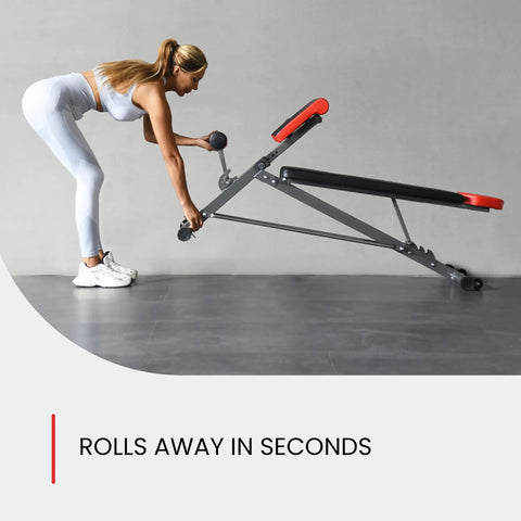 Woman folding All In One Adjustable Weight Bench For Full Body Home Gym Workouts With Bench Press Back Extension Roman Chair Sit Ups Core And Glute Training For Real Gains Heavy Duty Frame Smooth Adjustments And Sturdy Support