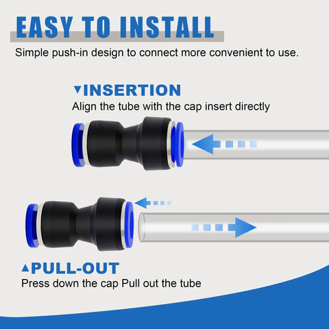 Diagram showing insertion and pull-out process for 60 Piece Quick Connect Reducer Fitting Kit For Pneumatic Air Lines.